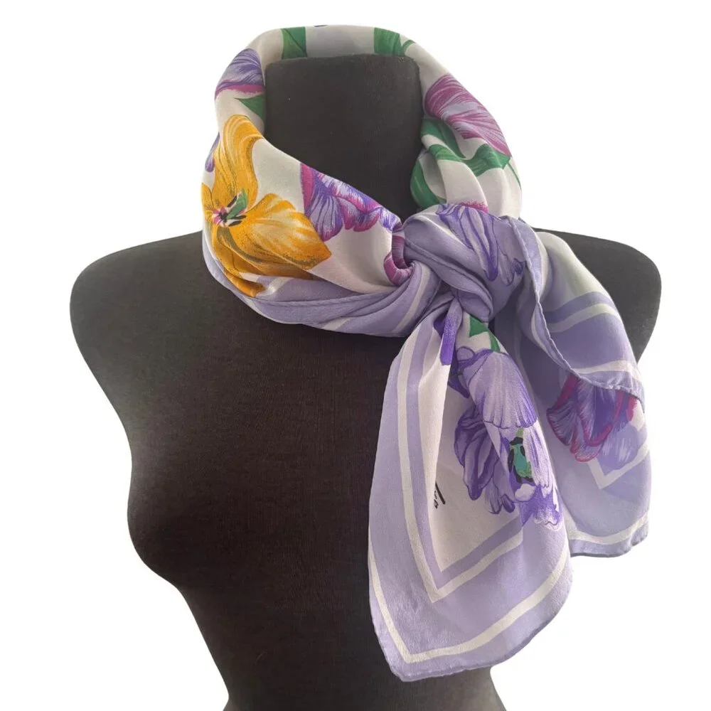 Talbots Silk Floral Scarf Lavender Border Made in Japan 34x35 Vintage - Picture 2 of 6